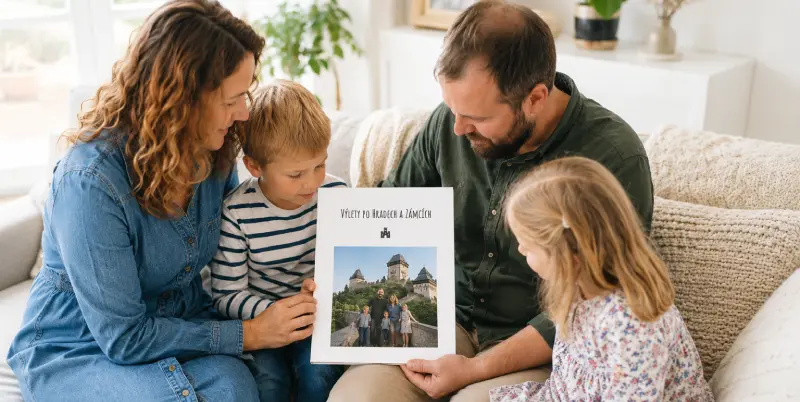 rodina si porhlíží fotosešit 