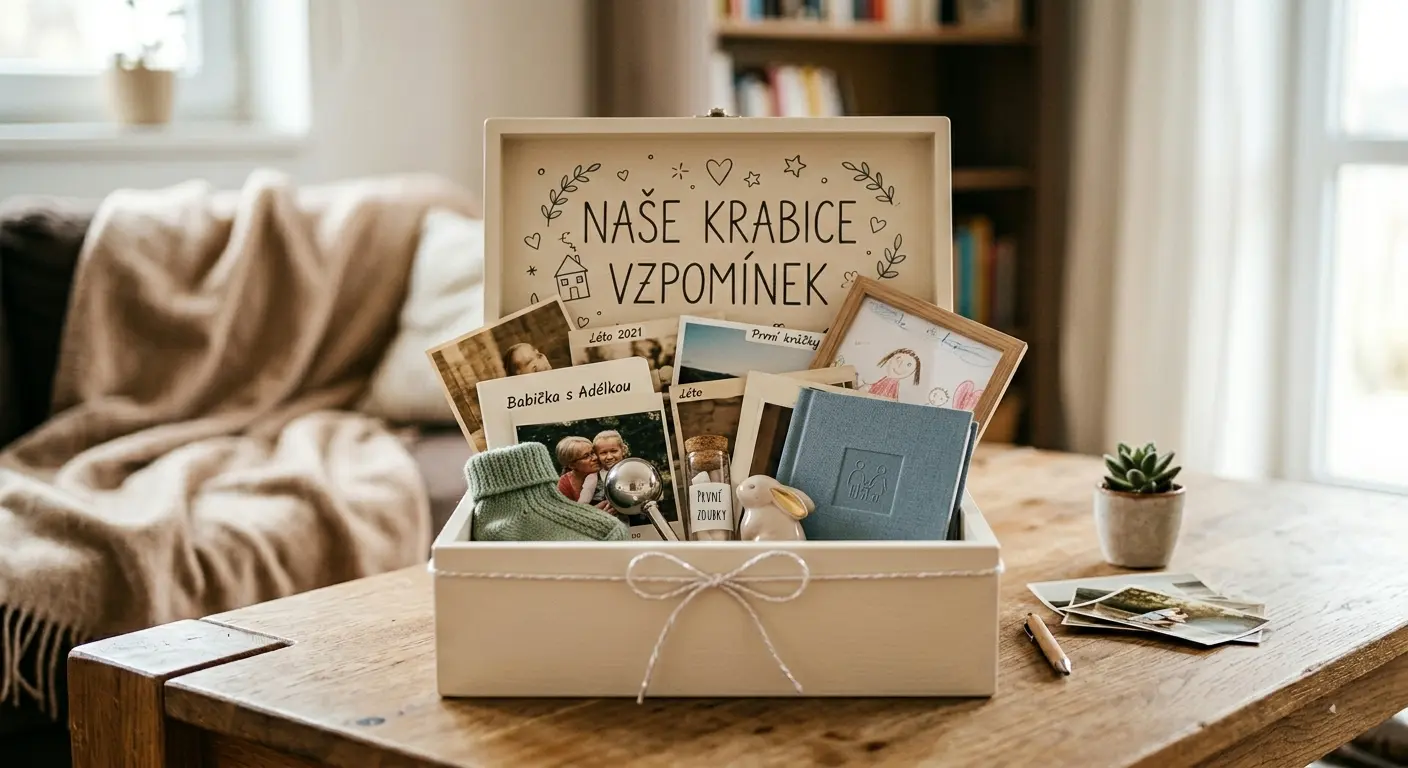 krabice vzpomínek s fotkami, albem a výkresy