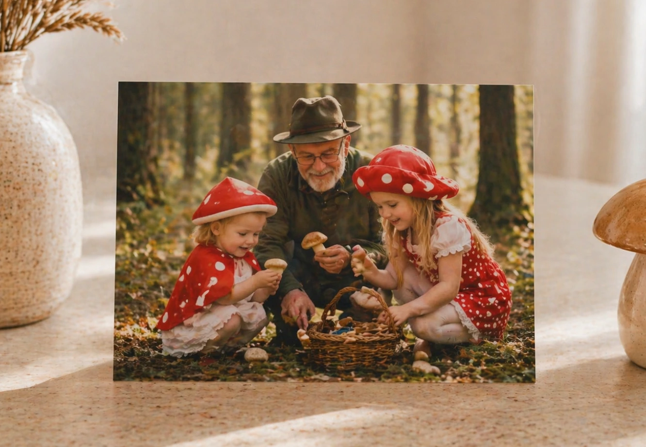 fotografie v standard kvalitě, foto holčiček sbírající houby v lese