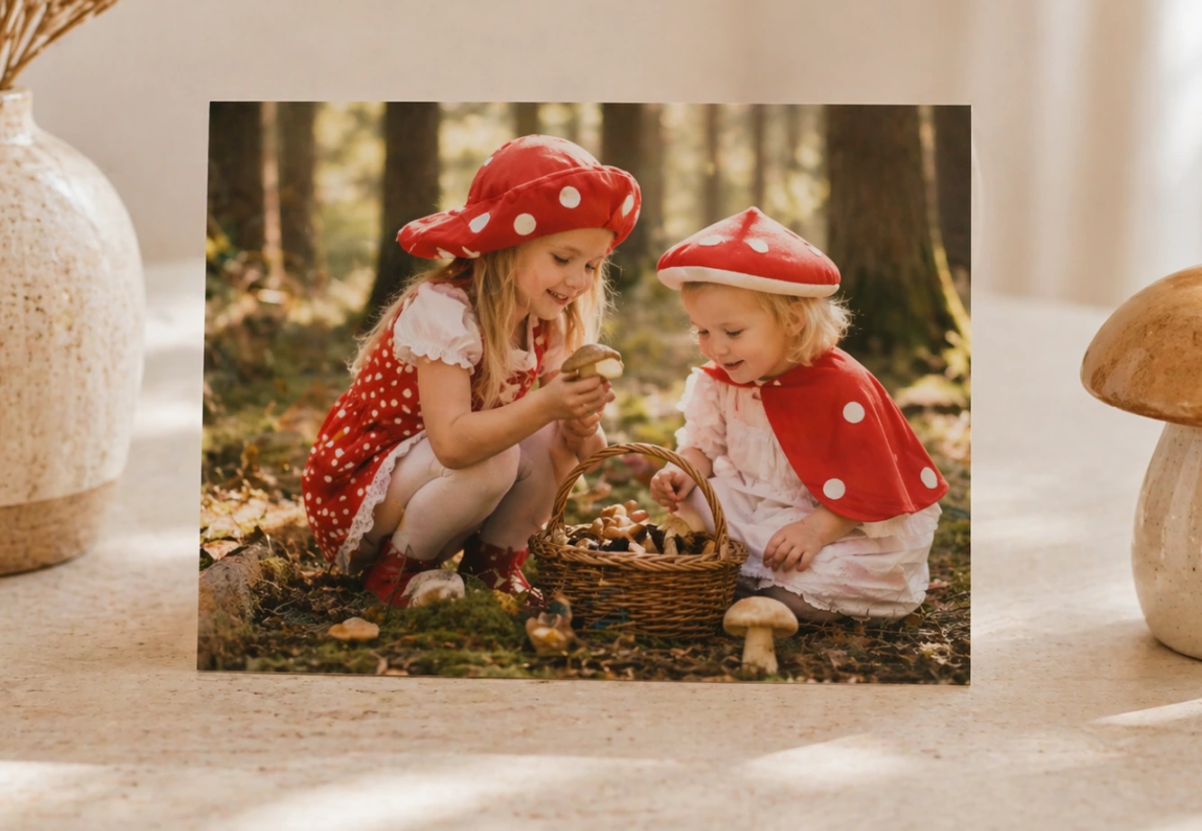 fotografie v standard kvalitě, foto holčiček sbírající houby v lese