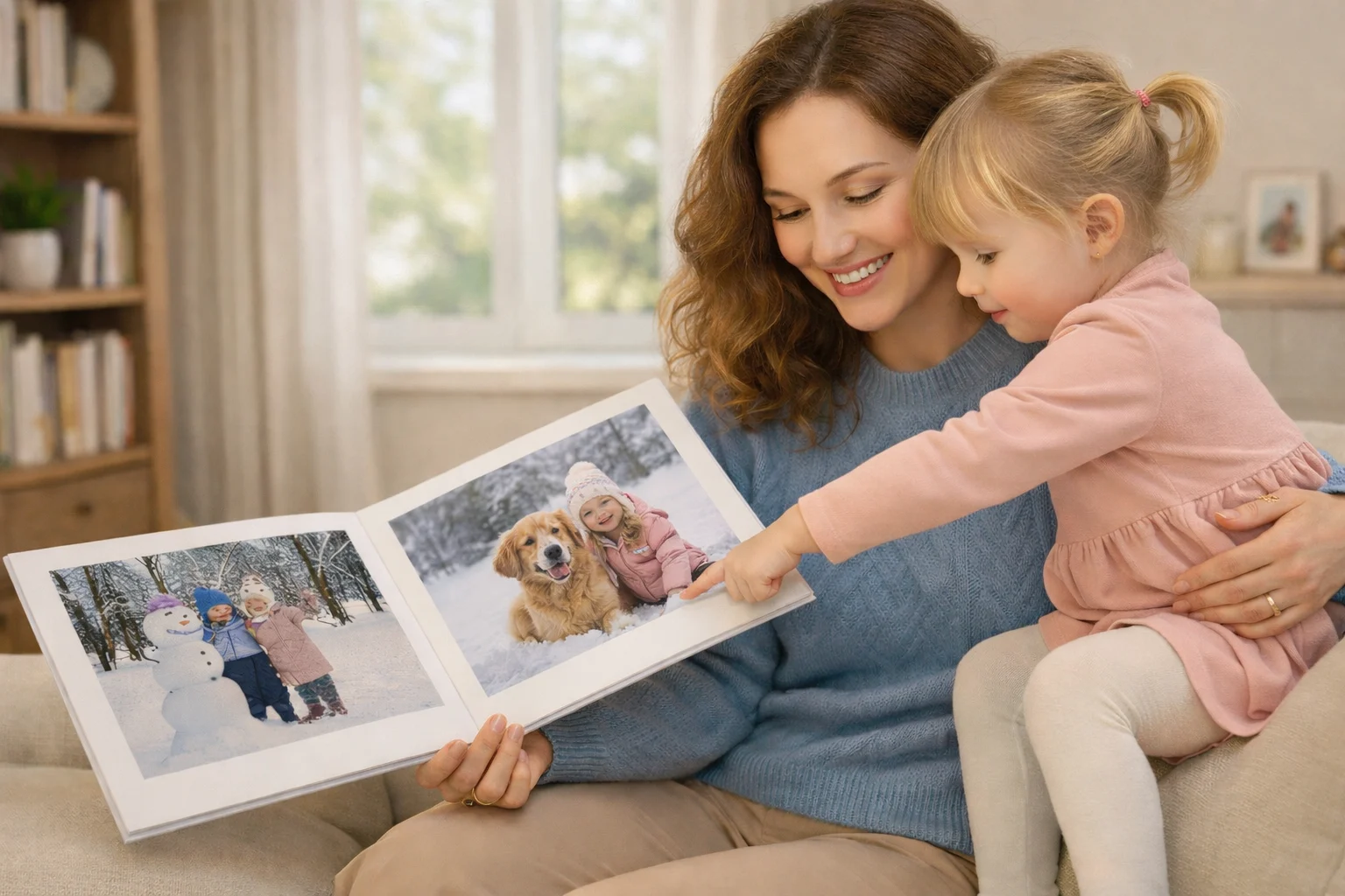 Maminka s dcerou si prohlíží fotoknihu