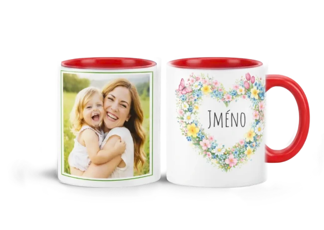 červený hrnek -květinové srdce jmeniny