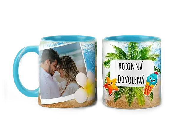 Světle modrý hrnek s motivem DOVOLENÁ U MOŘE pro leváky