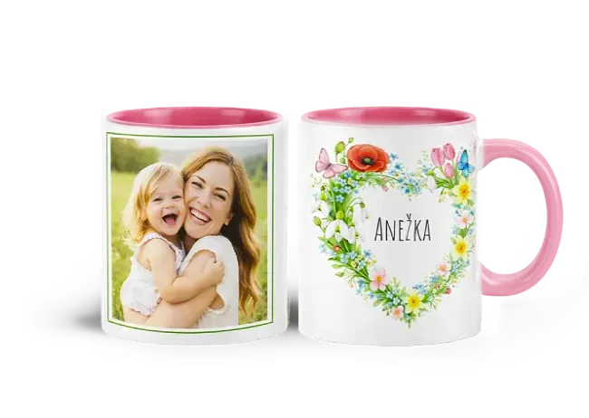 Růžový hrnek svátek květiny a fotka