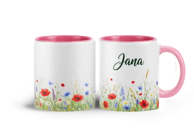 Růžový hrnek květiny, jmeniny, svátek