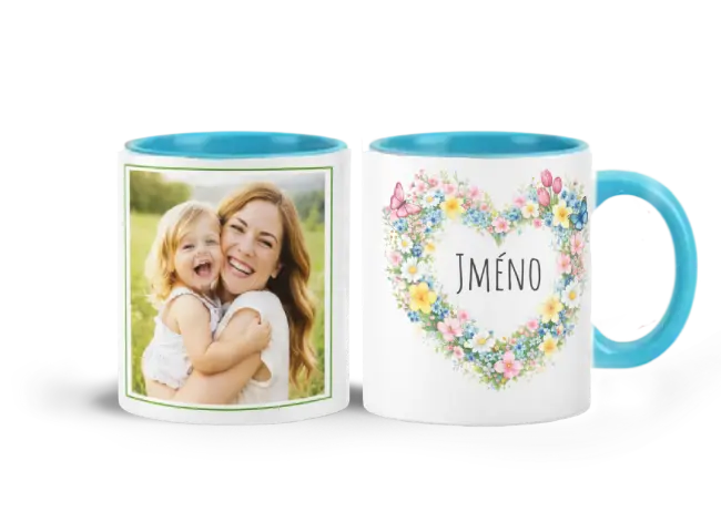 Hrneček světle modrý s fotkou Květinové srdce