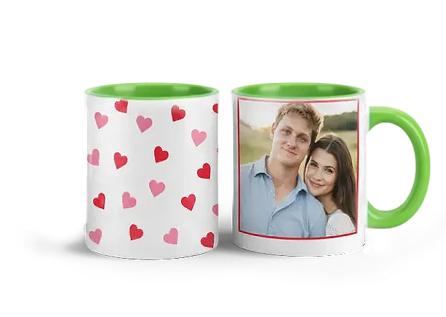 zelený hrníček se srdíčky a fotkou 